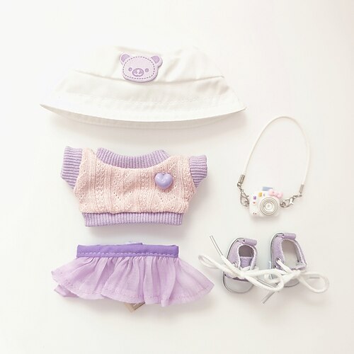 5-teilige Kleidung für beliebte Puppen 17cm - süße Mütze Kamera Pullover Rock Schuhe – hochwertige Puppenoutfit-Accessoires für kreatives Spielen Display (keine Puppe)