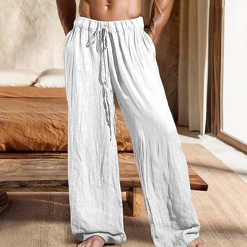 Herren Leinenhosen Hose Sommerhose Baggy-Hosen Kordelzug Elastischer Bund Gerader Schnitt Einfach Komfort Atmungsaktiv Volle Länge Lässig Täglich Ferien Urlaub Mode Schwarz Weiß Unelastisch Image