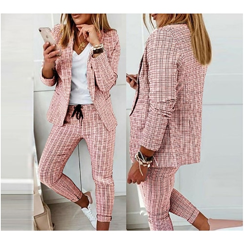 Damen Blazer-Anzüge Langarm Hemdkragen Karomuster Druck Mode Streetwear Täglich Büro Arbeit Schwarz Rosa Khaki Frühling Normale Passform Image