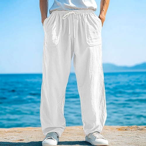 Herren Hose aus Baumwollleinen Hose Sommerhose Baggy-Hosen Strandhose Kordelzug Fronttasche Gerader Schnitt Einfach Komfort Weich Volle Länge Yoga Ferien Strand Urlaub Mode Schwarz Weiß Unelastisch Image