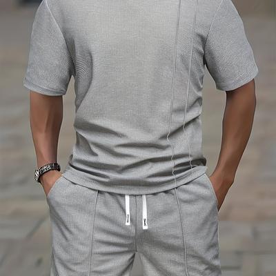 TEMU Men's Textured Waffle Outdoor Sports Casual T-shirt And Shorts Set Image