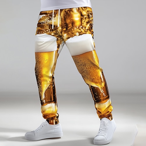 Herren Oktoberfest-Bier Jogginghose Trainingshosen Kordelzug Elastischer Bund Lässig Outdoor Ferien Sportliche Jogginghose mit Taschen Frühling Herbst Winter 3D-Druck Gelb Orange Image