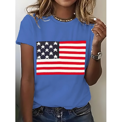 Unabhängigkeitstag Patriotisches Damen T-Shirt Grafik Flagge Nationalflagge Vintage Stylisch Klassisch Kurzarm Rundhals Reguläre Oberteile Alltag Druck Schwarz Weiß Pink Blau Lila Sommer Frühling Image
