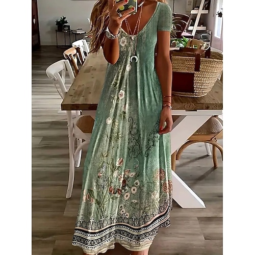 Damen Maxikleid Freizeitkleid A Linie Kleid Sommerkleid Elegant Urlaub Vintage Normale Passform Blumen Grafik Paisley-Muster Kurzarm U-Ausschnitt Hellgrün Staubiges Blau Sommer Frühling Herbst Image