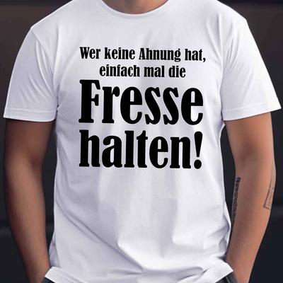 "TEMU Men's Casual Crew Neck Short Sleeve T-shirt- " Halten!" Graphic Print, Cotton, White, Summer Essential For Casual Attire" Image