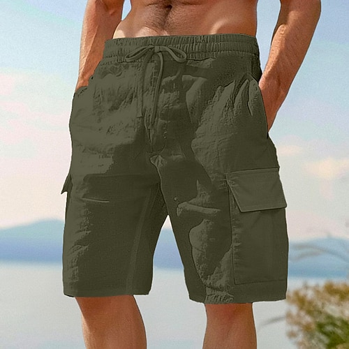 Herren Cargo-Shorts Shorts Leinenshorts Sommershorts Strandshorts Kordelzug Elastischer Bund Mehrere Taschen Einfach Knielang Outdoor Strand Urlaub Hawaiianisch Schwarz Weiß Unelastisch Image