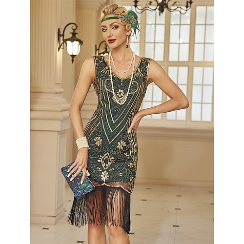 Goldene Zwanziger 1920er Knielang Kleid Flapper Kleid Outfits Ärmellos Der große Gatsby Hochzeitsgast Pailletten Quastenfransen V Ausschnitt Kostüm Damen Weihnachten Karneval Maskerade Image