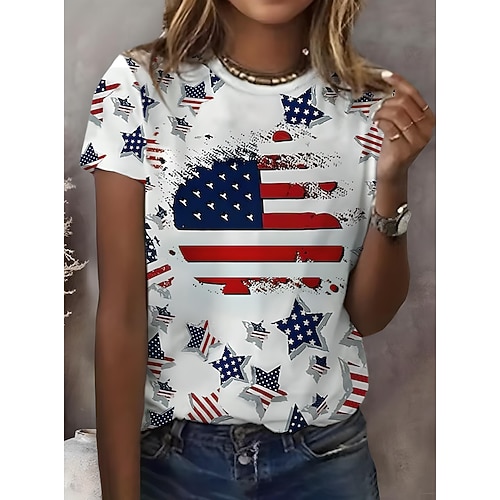 Unabhängigkeitstag patriotisches Shirt Damen T-Shirt Grafik Flagge Vintage stilvoll klassisch Kurzarm Rundhalsausschnitt Rundhalsausschnitt reguläre Oberteile Alltags-Wochenenddruck Schwarz Weiß Rot Image