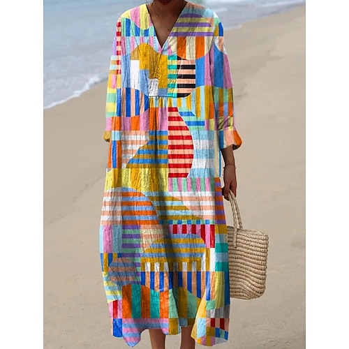 Womens Midi Kleid V-Ausschnitt Lange Ärmeln Kaftan Leicht Loose Fit A-Linie Kleid Lässig Boho Ausgehen Loose Fit Grafik Geometrisch Streifen Lange Ärmeln V-Ausschnitt Asche Schwarz Gelb Blau Image