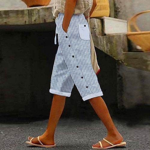 Damen Baumwolle Leinen Sommer Shorts Strand Shorts Harem Hosen Urlaub Vintage Ethno-Stil Knielang Mittlere Taille Gestreift Kordelzug Streifen Unelastisch Lässig Strand Urlaub Blau Sommer Frühling Image