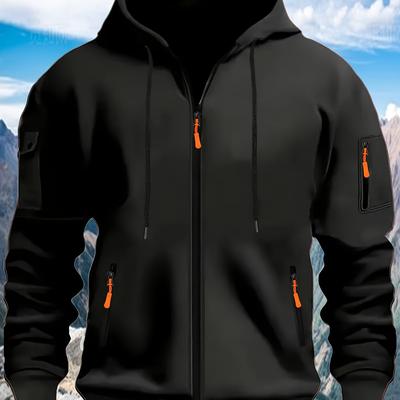 TEMU Men's Full-zip Hooded Sweatshirt With Kangaroo Pocket - Solid Color Casual Outdoor Pullover, Long Sleeve Regular Fit For Hiking & , Spring/fall/winter, Great Gift For Men Image