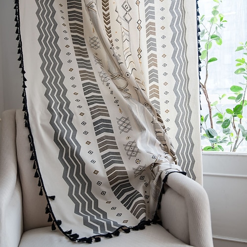 Boho Baumwoll-Leinen-Vorhänge mit Quasten Geometrisches Semi-Blackout-Druck Bauernhaus-Bohemian-Fenstervorhänge für das Wohnzimmer Stangentaschen-Vorhänge 1 Paneel Image