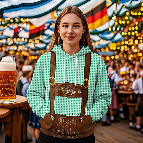 Kapuzensweatshirt Druck Lässig Bayerisch Bischofsärmel Fronttasche Grafik für Damen Erwachsene 3D-Druck für Karneval Oktoberfestbier Urlaub Party Image