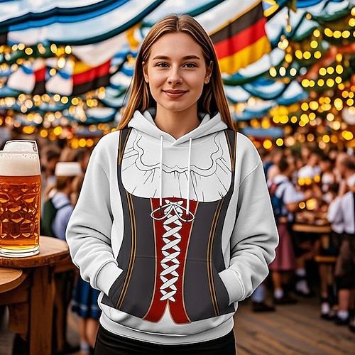 Kapuzensweatshirt Druck Lässig Bayerisch Bischofsärmel Fronttasche Grafik für Damen Erwachsene 3D-Druck für Karneval Oktoberfestbier Urlaub Party Image