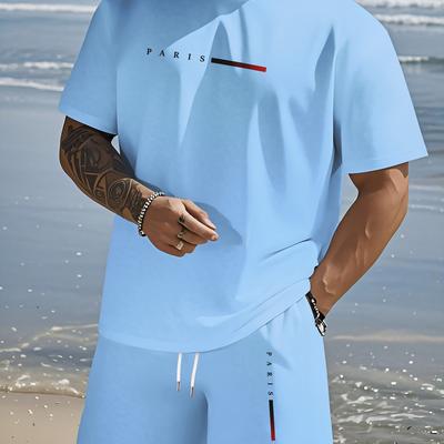 "TEMU Men's Novelty Fashion Outfit - Light Blue Short Sleeve T-shirt & Black Shorts With "paris" Print, Casual Summer Beachwear, Polyester Blend, Machine Washable, Beach Clothes" Image