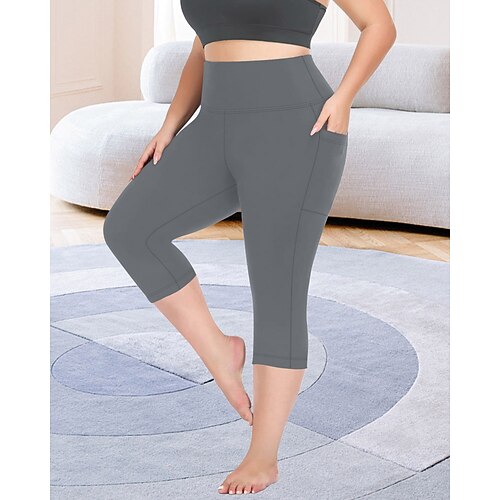 Damen Pilates-Leggings Capri Leggings Sporthosen Tasche Leicht Pilates Fitnessstudio Laufen Capri Leggings Einfarbig Dunkelgrau Schwarz Armeegrün Übergröße Sport Sportkleidung Mikroelastisch Image