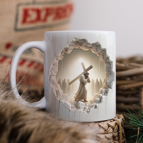 Jesus 3D Keramik Kaffeetasse 330ml/12oz, christliche Geschenktasse mit Kreuz tragendem Jünger, religiöse weiße Keramiktasse für Gebet, Kirche, Ostern, Glaube, Wohndeko Image
