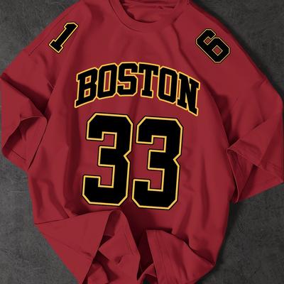 TEMU Men's Boston 33 Jersey T-shirt - Pink Casual Summer Tee With & Letter Print, Loose Fit Round Neck Tshirt For Adults, Fan Apparel, Comfortable Clothing, Durable Fabric, Outdoor Image