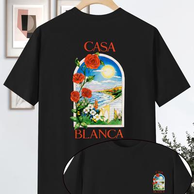 TEMU Men's Casual Loose Fit Short Sleeve T-shirt - Floral & Scenic Landscape Graphic Print, Light Pink, Breathable Summer Tee, Machine Washable, Ideal Gift, , Fabric Image