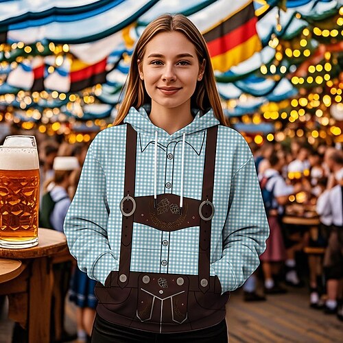 Kapuzensweatshirt Druck Lässig Bayerisch Bischofsärmel Fronttasche Grafik für Damen Erwachsene 3D-Druck für Karneval Oktoberfestbier Urlaub Party Image
