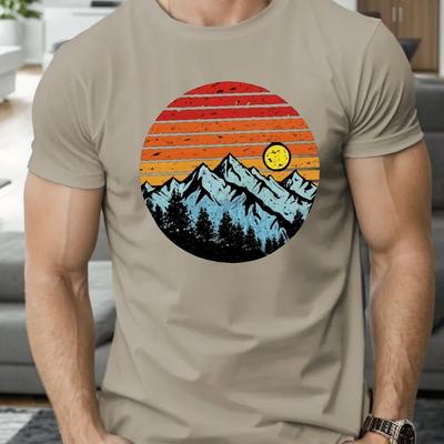 TEMU Mountains Sunset Print T Shirt, Tees For Men, Casual Short Sleeve T-shirt For Summer Image