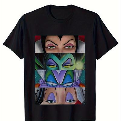 TEMU Villain Faces Graphic Men's T-shirt, 100% Cotton, Black Casual Summer Tee With Unique , For Outdoor Activities, Perfect Gift For Fans, Gift For Fans | Unique Print Shirt | Breathable Fabric Image