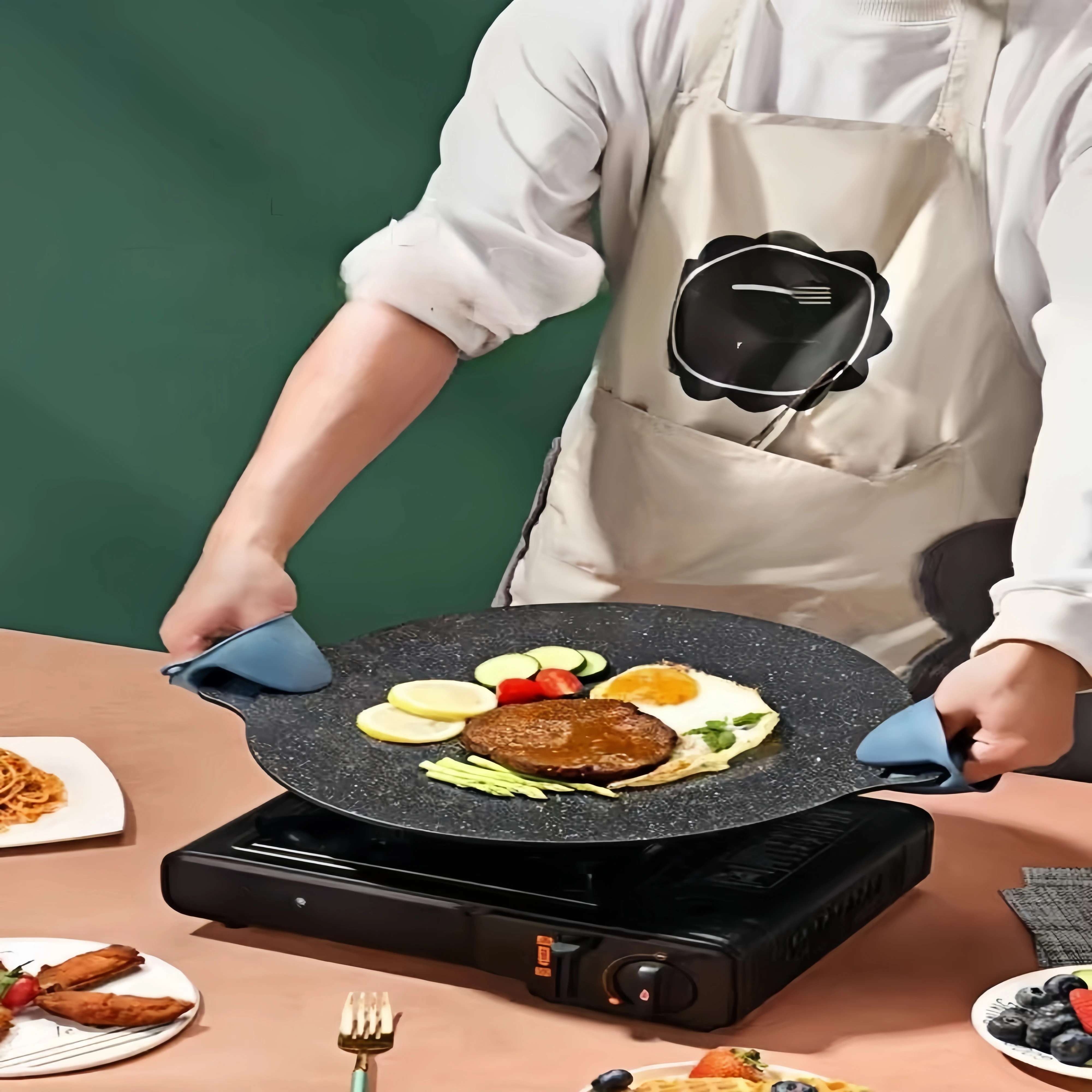 Große 28/30/32 cm Gusseisen-Pfanne mit flachem Boden, runde Antihaft-Backblech, geeignet für Induktionsherde, tragbares Grilltablett, ideal für
