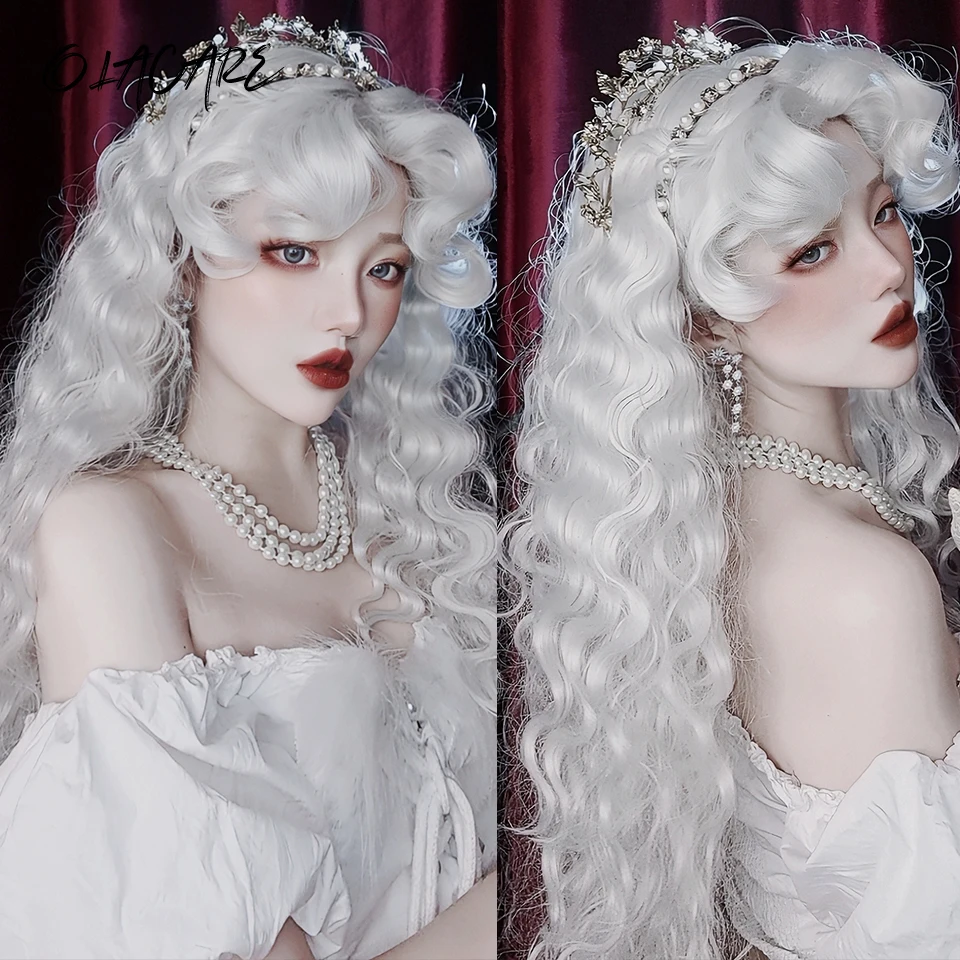 Lange lockige Wellenperücke mit Pony, weiß, bunt, Cosplay, seidige Perücke für Frauen, tägliche Party, natürliches weiches Kunsthaar, hitzebeständig Image