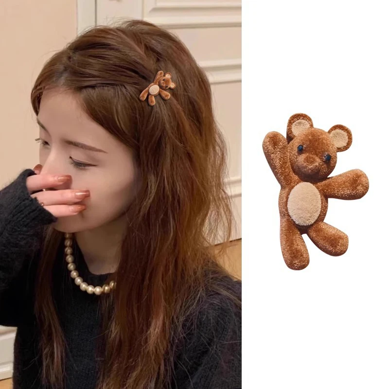 Nette Beflockung Cartoon Bär Metall Haarnadel Für Frauen Mädchen Süße Haar Ornament Seite Haar Clip Haarspange Mode Haar Zubehör. Image
