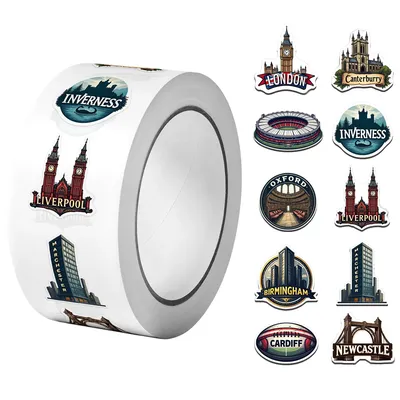 1 Rolle (500 Stück) Modische und wohlhabende Großbritannien-Stöße-Aufkleber, 2,5 cm, 10 Designs, Abziehbilder, DIY-Schmücken, Geschenke, Heimdekor-Etiketten Image