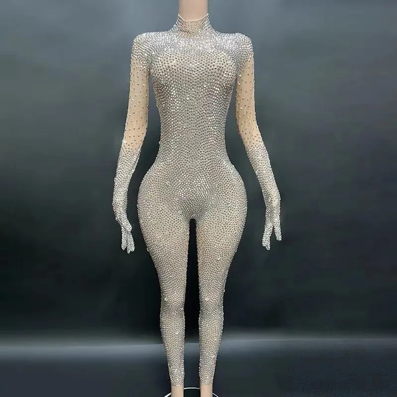 2025 Sexy voller glitzernder Strass-Overall für Frauen, figurbetont, luxuriös, Kostüm, Party, Club, helle Bühne, Sängerin, Performance-Overalls