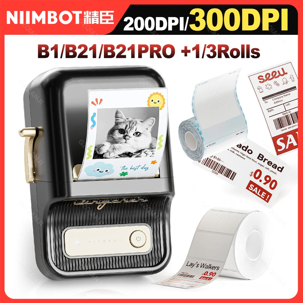 Niimbot 200 dpiB21 300 dpi B21PRO Etikettendrucker, Tagpreis, tragbarer Thermo-Etikettendrucker mit weißen Fotoetiketten für Bäckerei/Geschäft Image