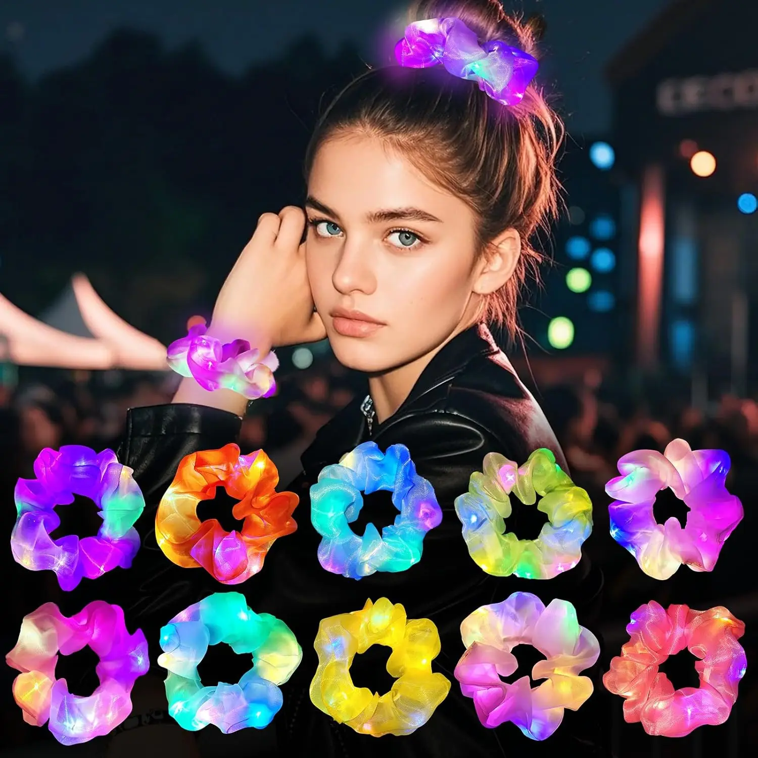 1-40Pcs LED Leuchtende Scrunchies Glowing Haarband Mädchen Leuchten Haar Scrunchy Geburtstag Party Kopfbedeckungen Liefert Haar Zubehör Image
