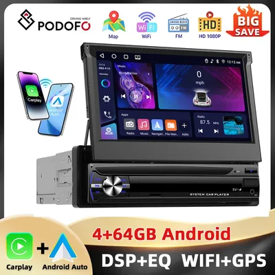 Podofo Retractable Screen Car Stereo 7'' 1Din Android Autoradio 4+64G Carplay Android Auto Bluetooth WIFI GPS FM/RDS Car Audio