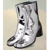 Tabi Split Toe Kurze Stiefel Für Frauen Silber Leder Botas y Botines Para Mujer Runde High Heels Slip Auf Reife Büro Dame Schuhe