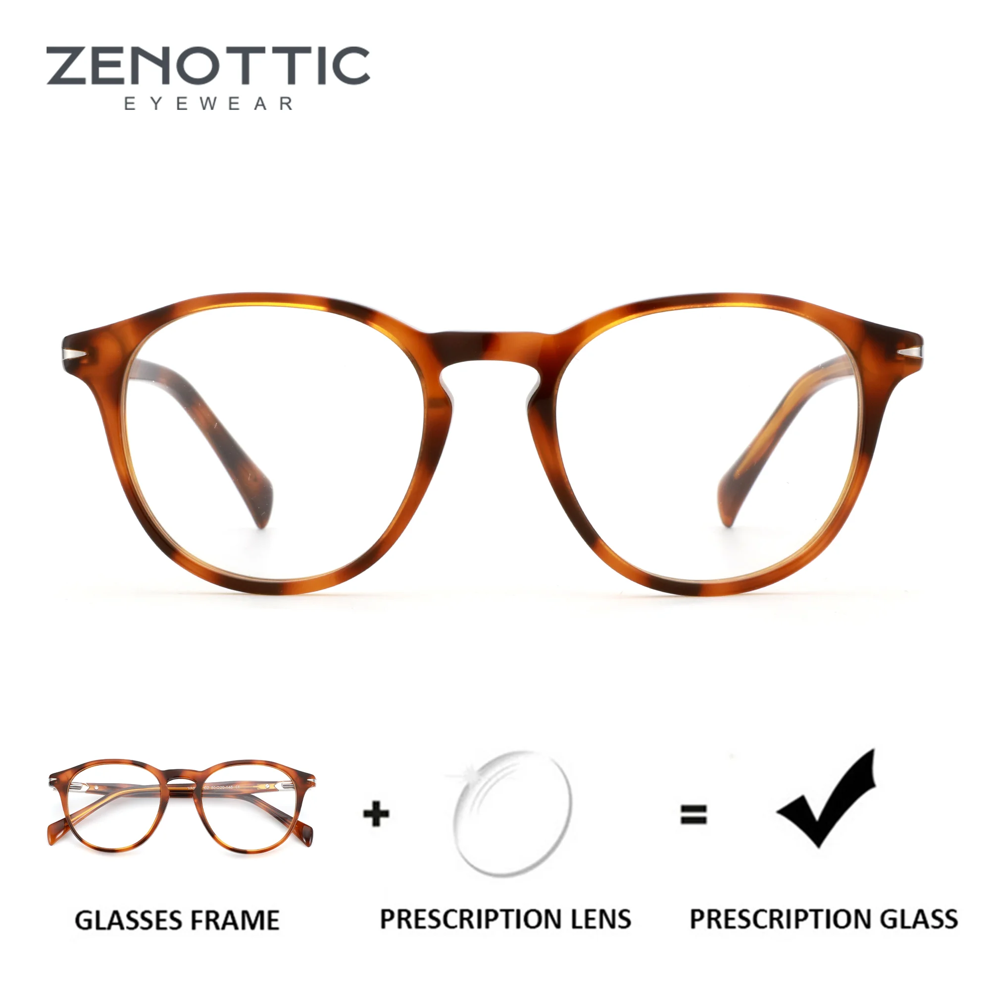 ZENOTTIC (M-Größe) Handgefertigte runde Brillen aus Acetat für Unisex, optische Anti-Blaulicht-Brillen, photochrome Brillen Image