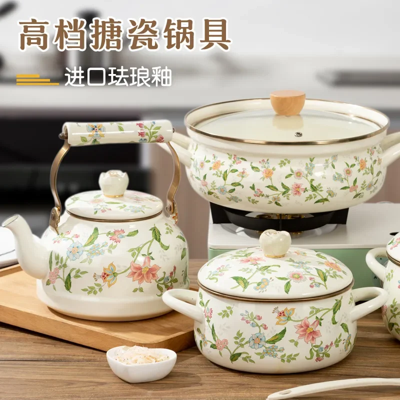 Emaille-Töpfe und Pfannen, doppeltes Ohr, verdickte Suppentöpfe und Pfannen für den Haushalt, groß, mit Deckel, Lagertöpfe, Küchenkochgeschirr Image