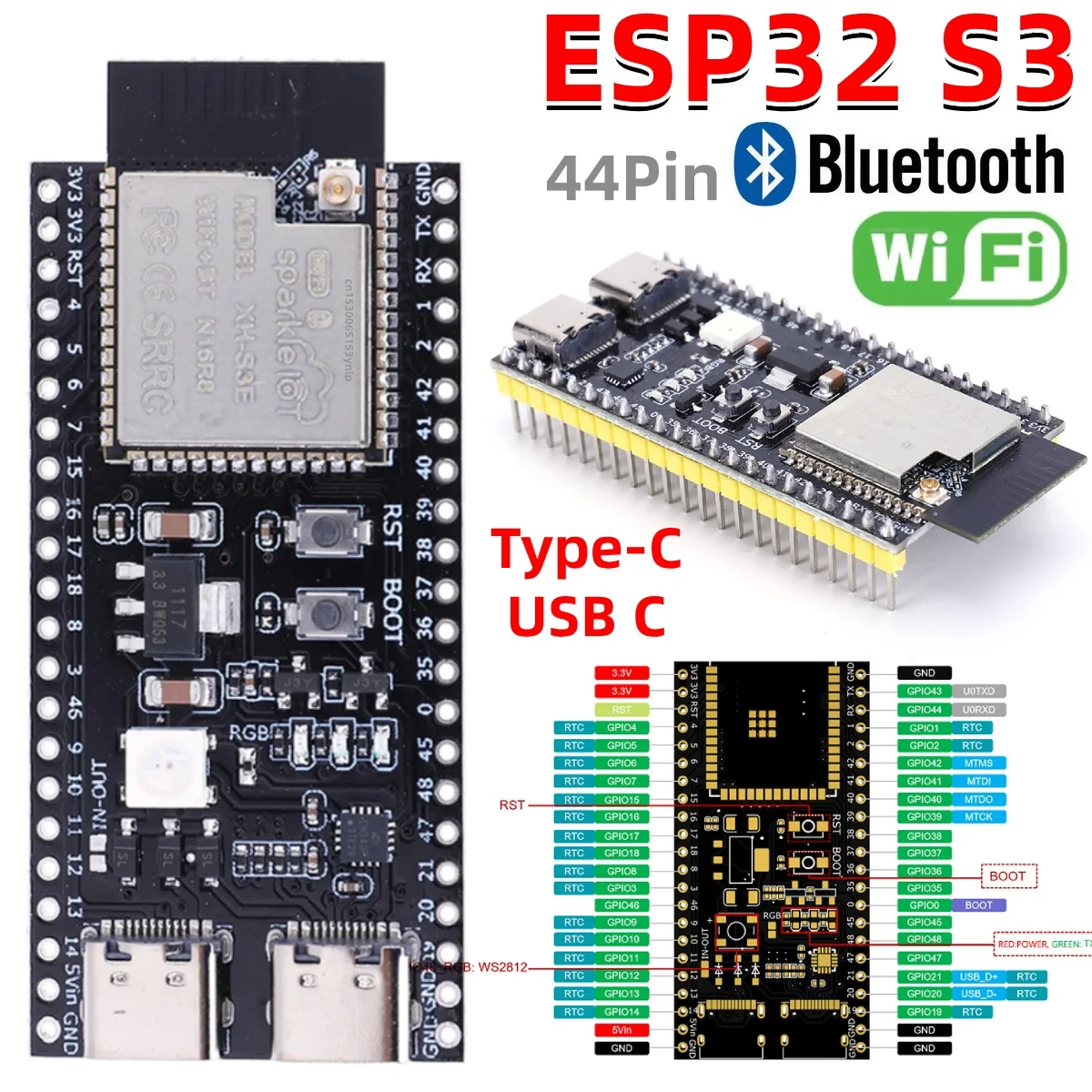 ESP32-S3 N16R8 N8R2 Dual Typ-C Erweiterungsplatine WiFi 2,4G Wifi Modul Kernplatine für Arduino Image