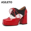 Asileto Frauen Pumps quadratische Zehen klobige Absätze 9,5 cm Plattform 2,5 cm Schnürung gemischte Farbe große Größe 47 48 elegante Büro Dame Schuhe