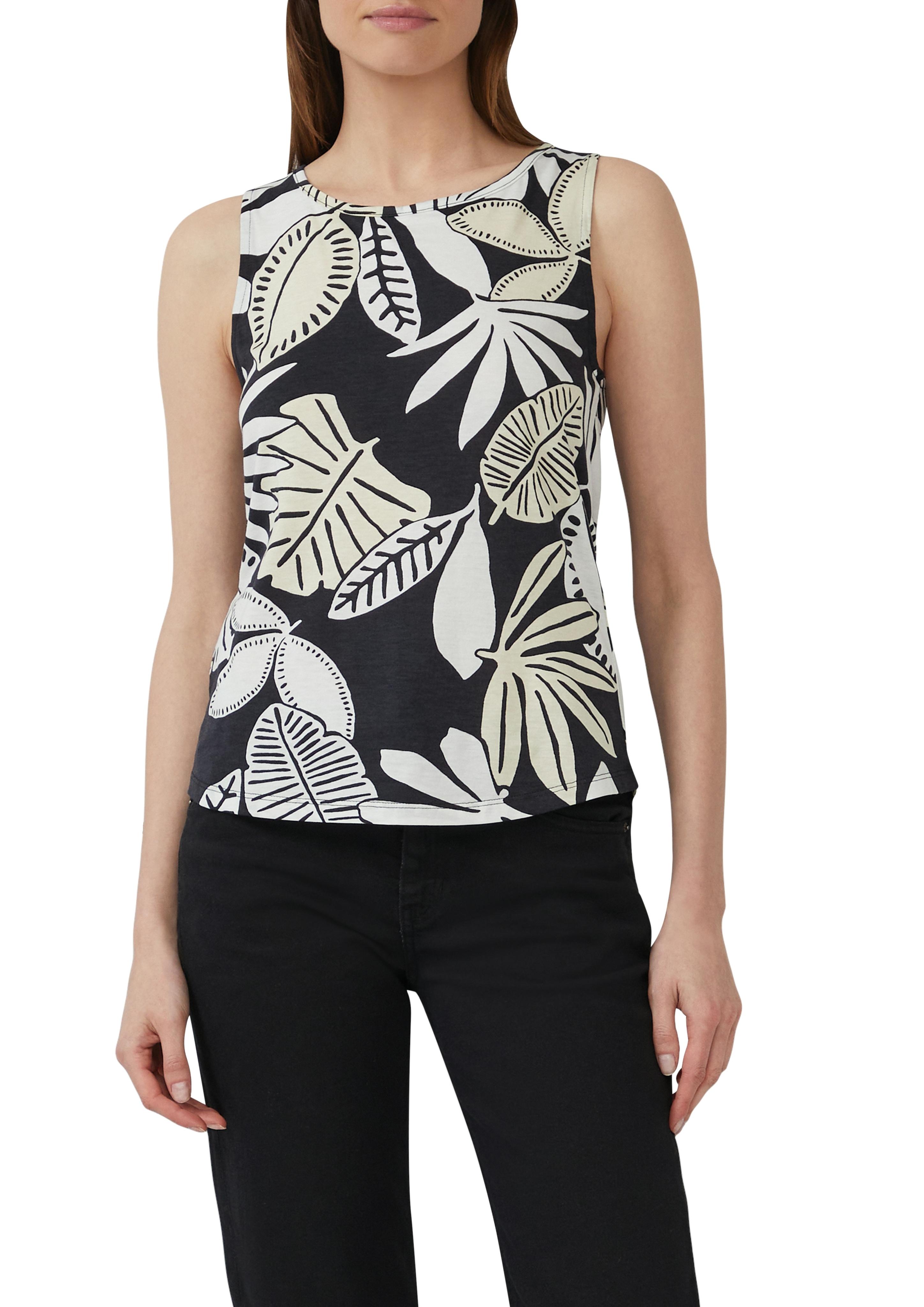 T-Shirt S.OLIVER, Damen, Gr. 40, schwarz beige aop, Obermaterial: 50% Baumwolle, 50% Modal, bedruckt, regular fit taillenbedeckt, Rundhals, Shirts T-Shirt, mit Cut-Out