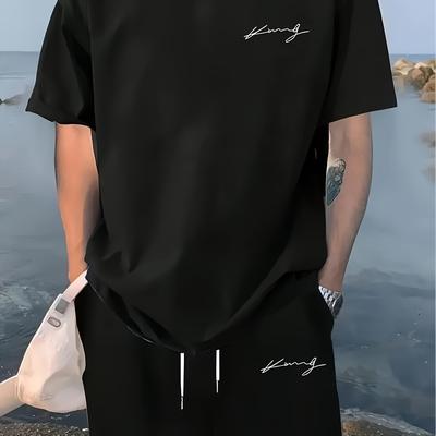 TEMU Print Men's Casual Sports Two-piece Set Round Neck Short Sleeve T-shirt And Drawstring Shorts Combo Spring/summer Fashion Outfit Image