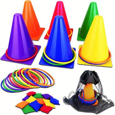 TEMU 31pcs 3-in-1 Carnival Outdoor Game Set, Soft Plastic Egg Wheel Bean Bag Ring Throwing Game, Birthday Party/christmas Gift Image