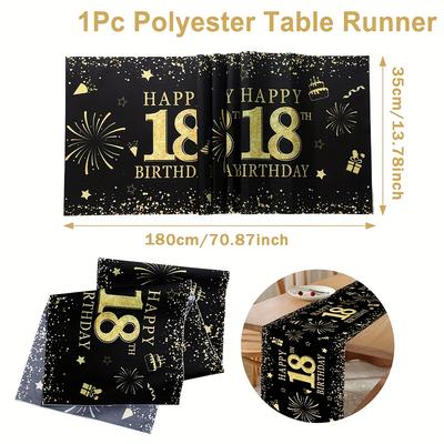 TEMU 1pc Elegant Black & Golden 18th Birthday Table Runner - Polyester, Festive Fireworks Design, Machine-made, Ideal For All-year Party Decor, Birthday Party Decorations Image