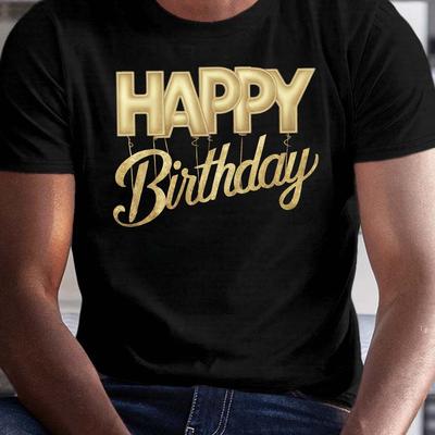 "TEMU Men's Royal Blue "" Golden Cursive Tee - Casual Polyester Short Sleeve T-shirt With Balloon & , Machine Washable For , Birthday Shirt" Image