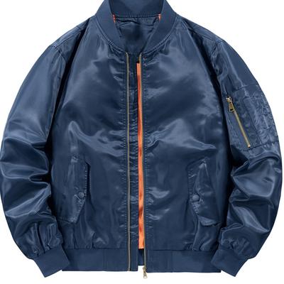 TEMU Men's Navy Blue Ma1 Jacket With Stand Collar, Zipper Closure, And - Loose Fit, Polyester Fabric, Casual Outerwear|stylish Jacket|zippered Jacket Image