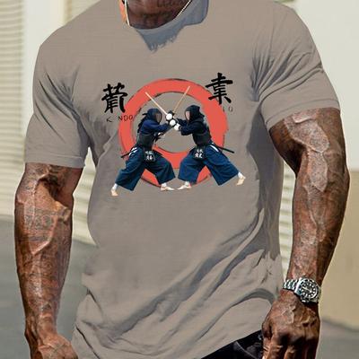 TEMU Men's Sparring Graphic T-shirt - Martial With , Lightweight Breathable Short Sleeve Summer Tee, Regular Fit Casual Top, Sporty Outfit, Comfortable Wear Image