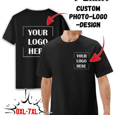 TEMU Men's Customizable Casual T-shirt - Personalized Photo-logo Design, Black With White Text, Regular Fit, Breathable Fabric For Summer Outdoor Activities, Custom T Shirt Image