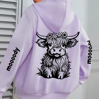 "TEMU Women's Cozy Fleece Hoodie With Cute Cow Print - "" Text, Long Sleeves, Ribbed Cuffs, Casual Fall/winter Pullover, Casual Wear Hoodie | Design Hoodie | Stretchy Fabric Hoodie" Image