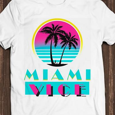 TEMU Retro Graphic T-shirt For Men - Neon Palm Tree & Sunset Design, 80s Inspired Casual Tee, Machine Washable Short Sleeve Round Neck Top For Casual Attire Image