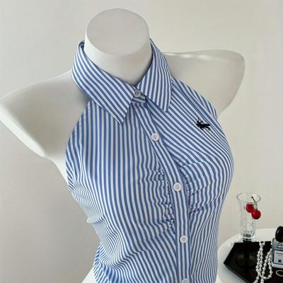 TEMU Women's Elegant Striped Sleeveless Blouse - Vertical Stripes, Button-up Shirt With Collar, Lightweight Polyester For Summer, Casual Yet , Versatile Sleeveless Top | Blouse | Texture Image